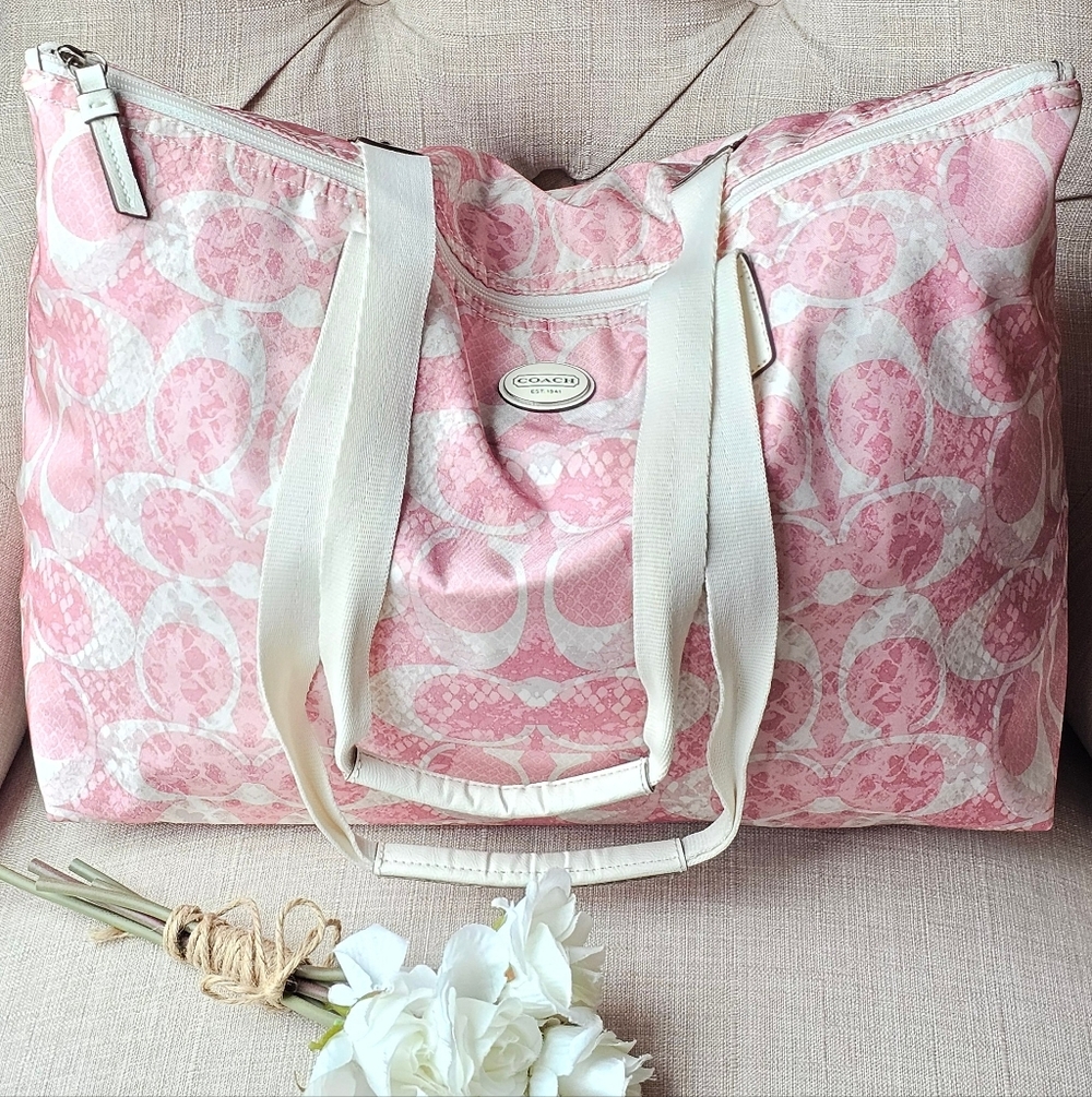 Coach Nylon Signature Jacquard / Snake Print Weekender / Travel Bag ( Pink )